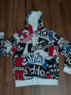 Adidas Graphic Logo Zip-Up Hoodie in White, Black, Red & Blue